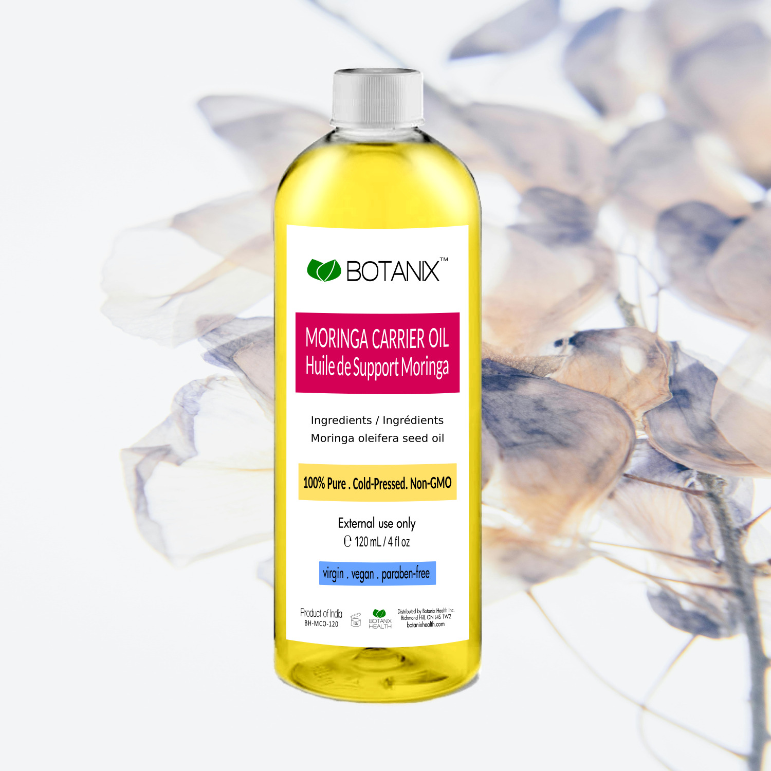 Botanix Moringa Seed Oil with abstract leaves in the background