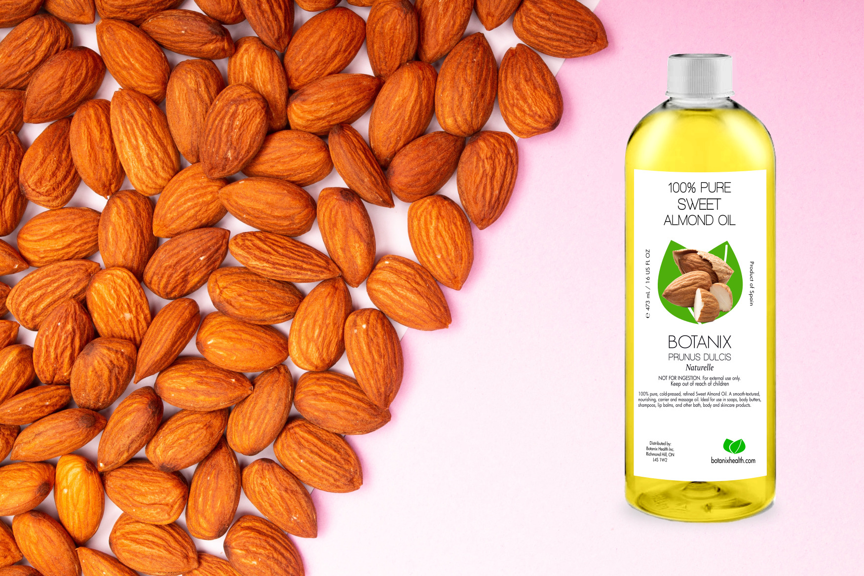 fresh almonds with botanix moisturizing almond oil bottle